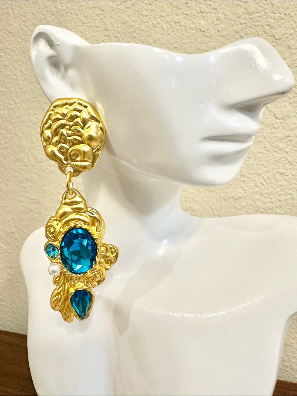 Matte Gold-Plated Earrings with Blue Crystal Accents